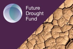 Parched earth with juxtaposed with purple overlay featuring Future Drought Fund logo.