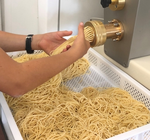 Strands of fresh spaghetti being extruded through pasta machine. 