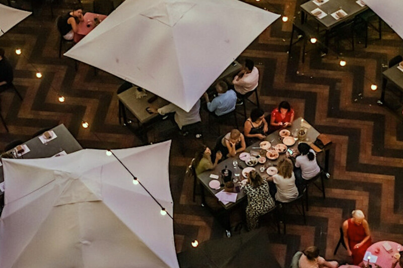 Overhead shot of people dining in alfresco area